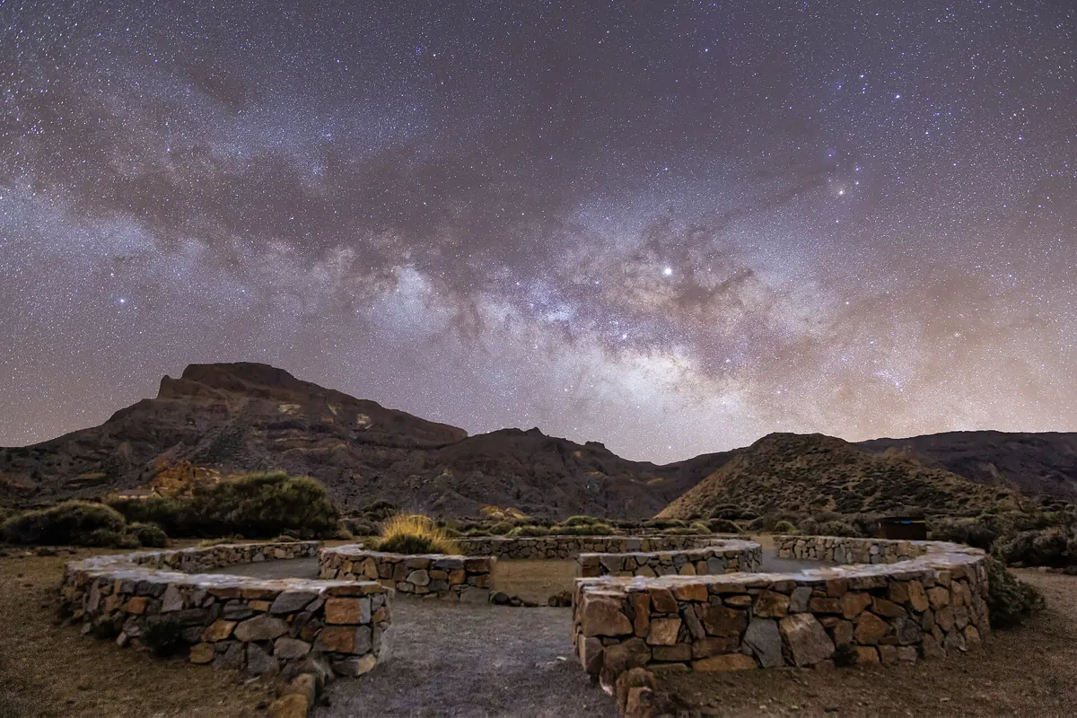 The Milky Way over a stone viewpoint in Teide National Park, Tenerife
